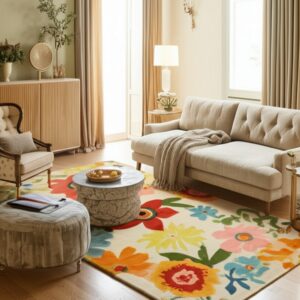 A colorful floral rug grounds a bright living room with a beige sofa and wood flooring.