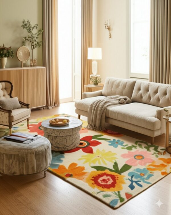 A colorful floral rug grounds a bright living room with a beige sofa and wood flooring.