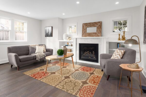 Beige rug featuring rows of colorful red, blue, and orange medallion patterns on dark wood living room floors.
