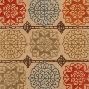 The rug features an all-over pattern of colorful stylized medallions on a neutral beige field.