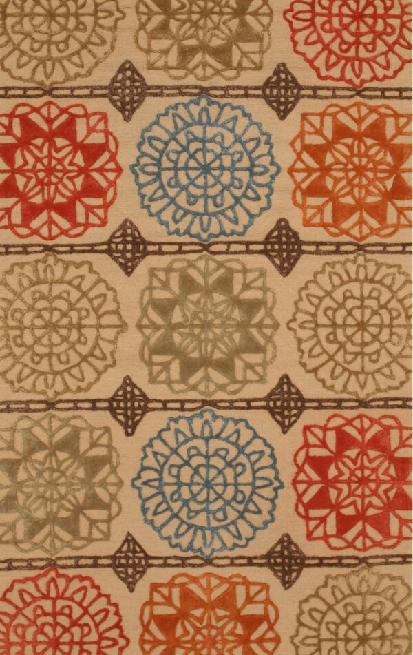 The rug features an all-over pattern of colorful stylized medallions on a neutral beige field.