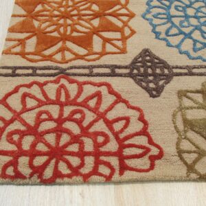 A textured beige rug featuring large medallions in orange, red, blue, and olive green on light wood flooring.