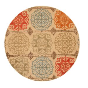Round beige rug with repeating multicolored floral medallions in shades of blue, orange, and olive, shown on white.