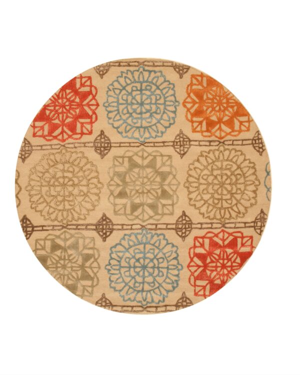 Round beige rug with repeating multicolored floral medallions in shades of blue, orange, and olive, shown on white.