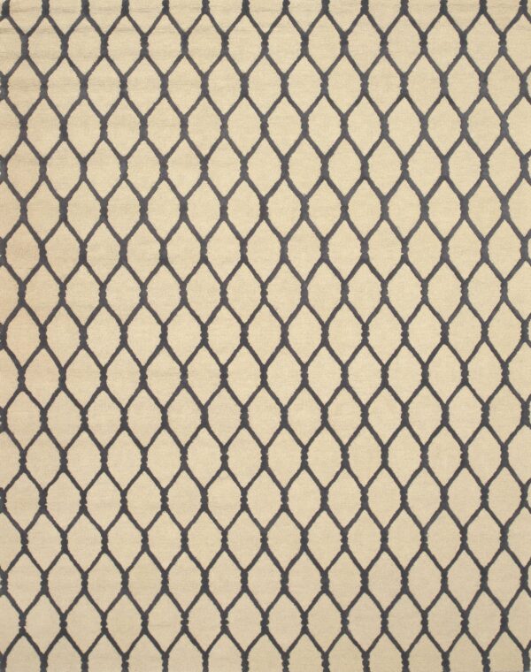 Cream and gray textured rug with a tight, repeating geometric diamond trellis design.