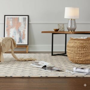 Beige and gray diamond patterned rug beneath a console table, woven pouf, and abstract artwork.