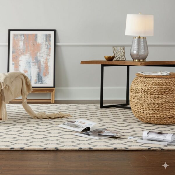 Beige and gray diamond patterned rug beneath a console table, woven pouf, and abstract artwork.