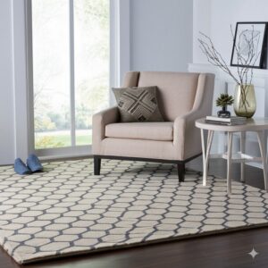 A cream rug with a dark gray hexagonal pattern sits beneath an upholstered chair and round side table.