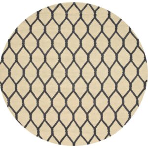 Round beige textured rug with a dark gray repeating trellis pattern, displayed on a white background.