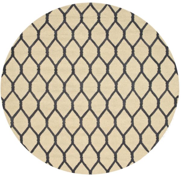 Round beige textured rug with a dark gray repeating trellis pattern, displayed on a white background.