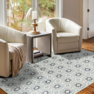 Blue and white geometric rug sits on a hardwood floor between two white armchairs near a large window.