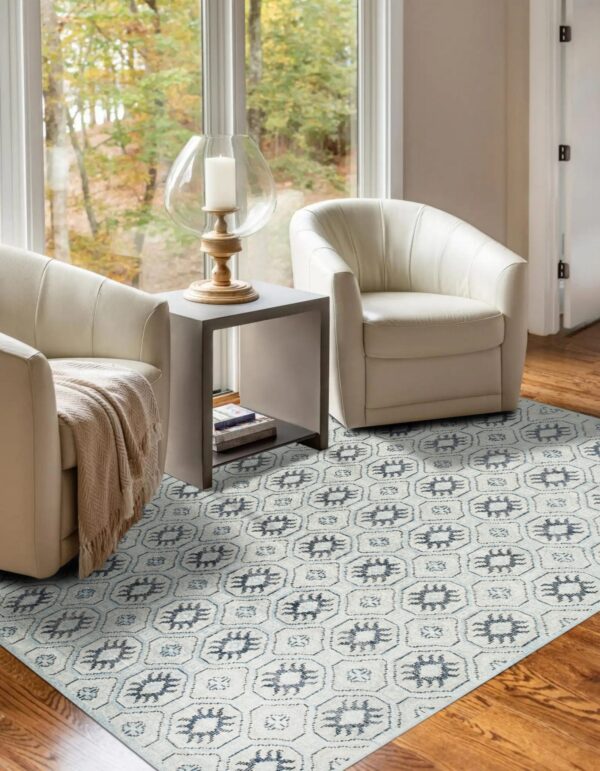 Blue and white geometric rug sits on a hardwood floor between two white armchairs near a large window.