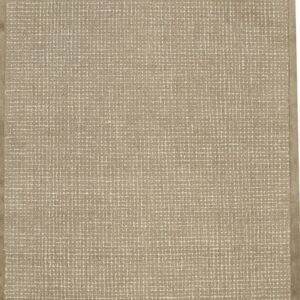 Tan and off-white woven rug displaying an irregular grid pattern and a solid taupe fabric border.