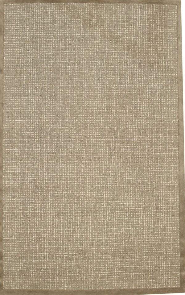 Tan and off-white woven rug displaying an irregular grid pattern and a solid taupe fabric border.