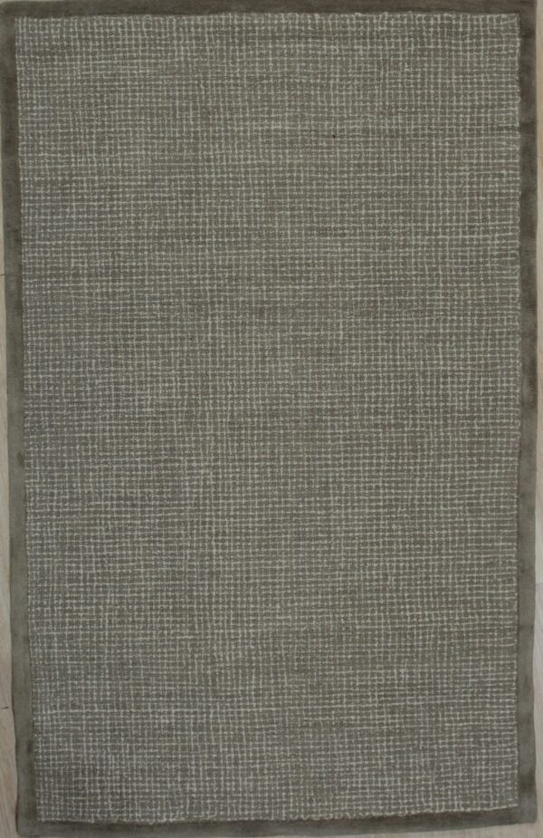 A rectangular rug in sage gray with a woven light crosshatch pattern and a solid dark border.