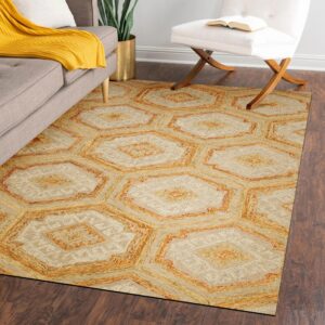 A textured beige and orange hexagonal rug covers dark wood floors in a living room scene.