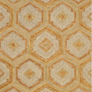 Textured beige rug with repeating gold and orange hexagonal trellis and diamond center motifs.