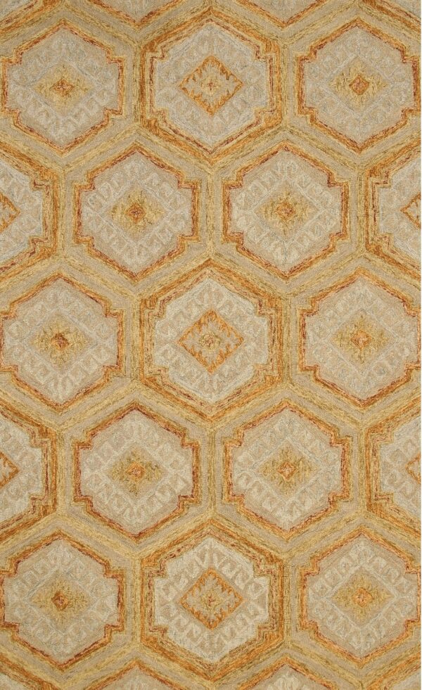 Textured beige rug with repeating gold and orange hexagonal trellis and diamond center motifs.