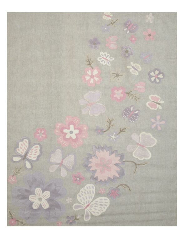 Light gray rug with carved pink and purple floral and butterfly patterns.