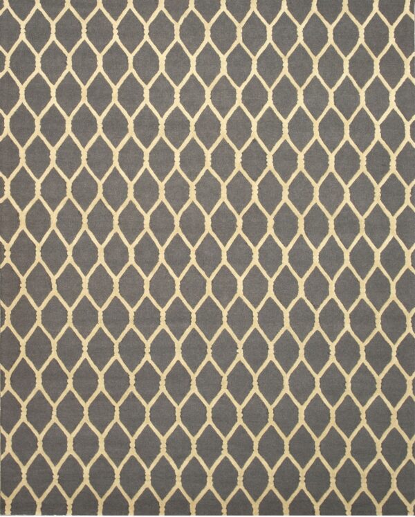 Dark gray textured rug with a raised beige geometric lattice pattern.