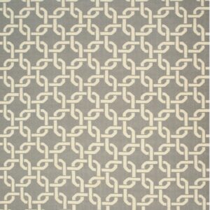 A gray and cream rug with an all-over geometric interlocking chain pattern.