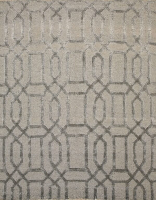 Short pile rug in pale gray featuring a dark gray recessed geometric trellis design.