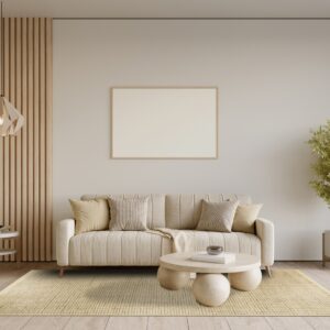 Textured natural rug featuring a woven diagonal pattern anchors a modern living room setting.