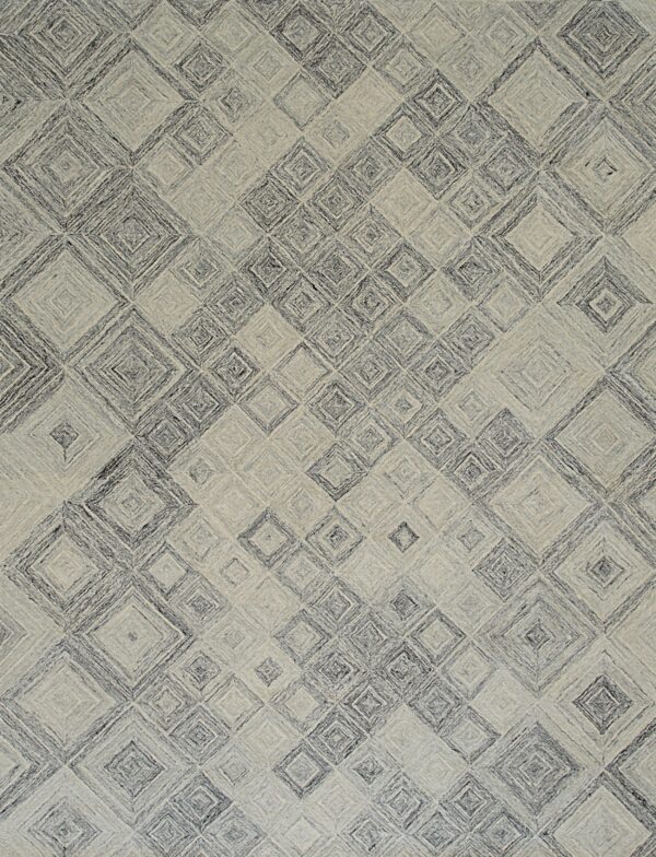 Textured gray and cream rug displaying an overall pattern of nested, striated diamonds.