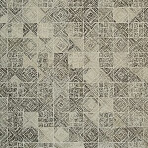 Textured rug with a repeating geometric checkerboard pattern in cream and dark brown neutrals.