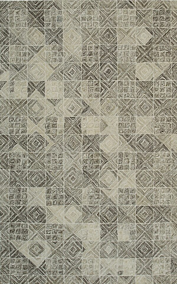 Textured rug with a repeating geometric checkerboard pattern in cream and dark brown neutrals.