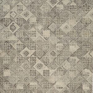 A textured rug displaying a repeating pattern of sketched squares, diamonds, and grids in neutral brown and beige tones.