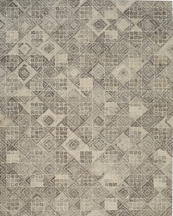 A textured rug displaying a repeating pattern of sketched squares, diamonds, and grids in neutral brown and beige tones.