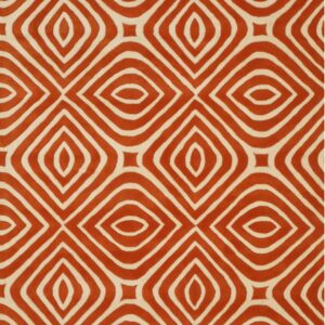 Burnt orange rug with a repeating lattice design of creamy white concentric diamonds.