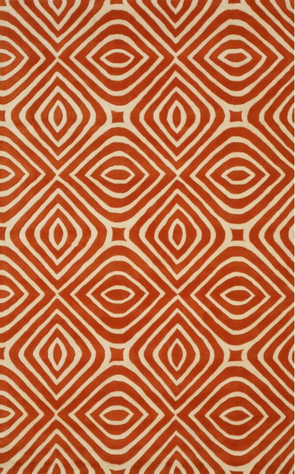 Burnt orange rug with a repeating lattice design of creamy white concentric diamonds.