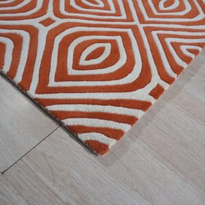 High-pile orange and cream rug featuring a bold geometric pattern rests on light wood planks.