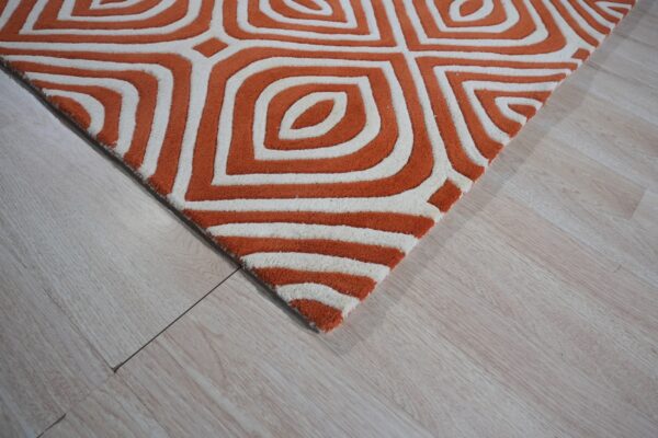 High-pile orange and cream rug featuring a bold geometric pattern rests on light wood planks.