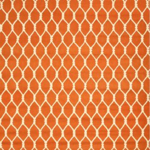 Bright orange rug with a repetitive cream geometric lattice pattern forming linked diamond shapes.
