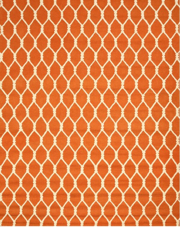 Bright orange rug with a repetitive cream geometric lattice pattern forming linked diamond shapes.
