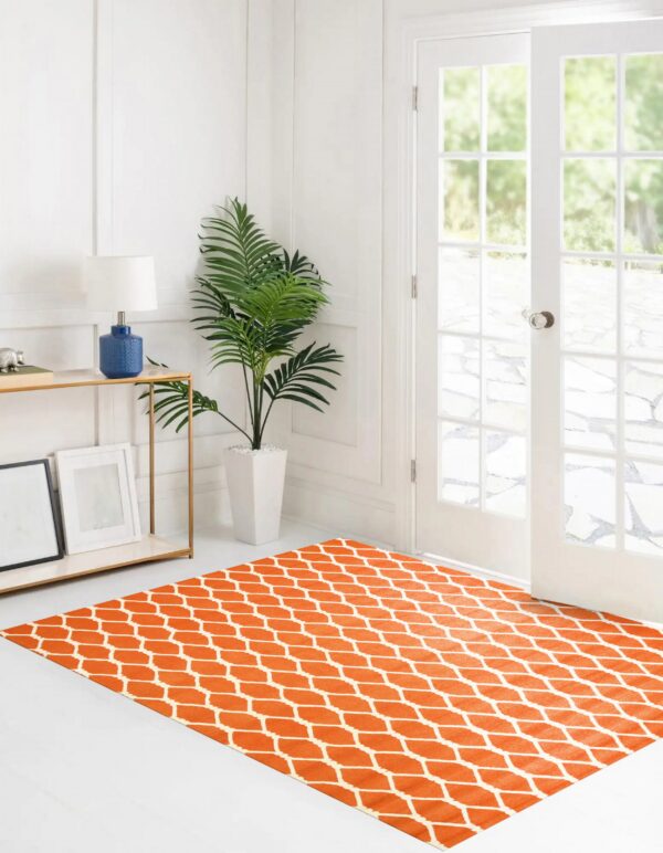 Bright orange rug featuring a white geometric trellis pattern sits on a white floor next to open french doors.