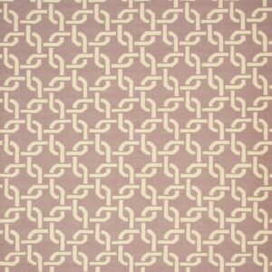 Beige interlocking geometric pattern covers a dense, smooth mauve rug.