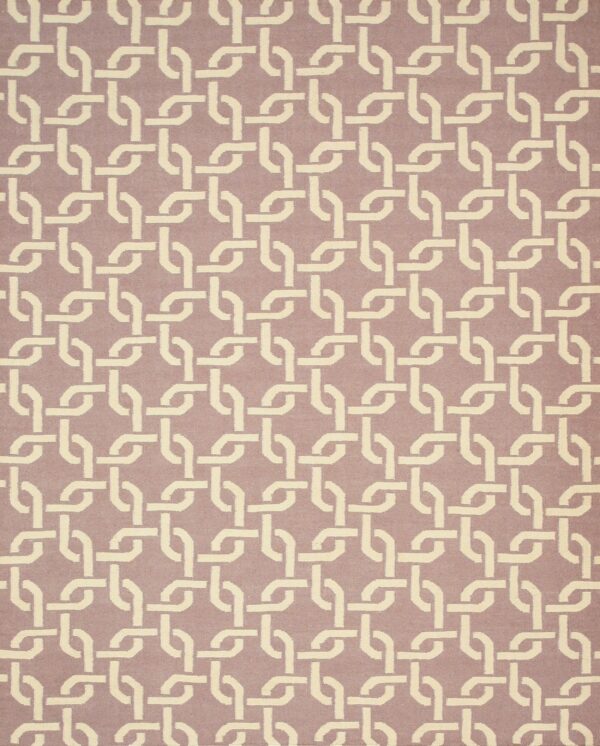 Beige interlocking geometric pattern covers a dense, smooth mauve rug.