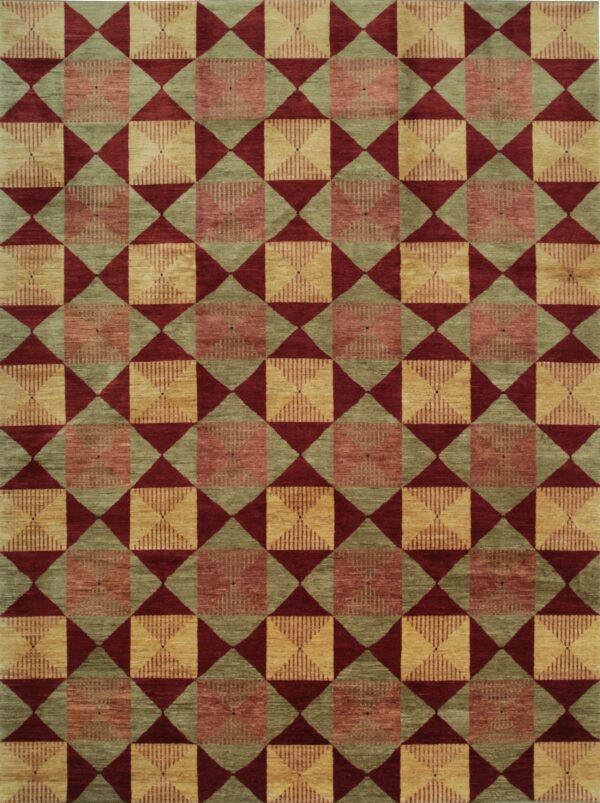 A repeating geometric rug pattern in red, olive green, and alternating striped yellow and pink squares.