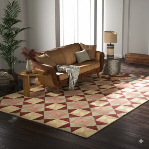 Red, pink, and pale green geometric rug on dark wood floors below a brown sofa in a bright room.