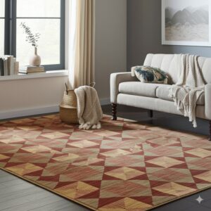 Red and yellow low-pile geometric rug on dark wood floors beside a light-colored couch.