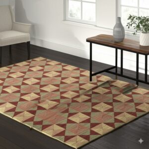 Geometric rug with maroon, olive, and tan diamonds sits on dark wood floors near a window and armchair.