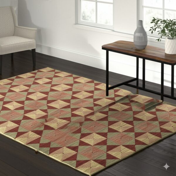 Geometric rug with maroon, olive, and tan diamonds sits on dark wood floors near a window and armchair.