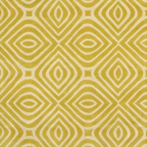 Plush rug detail featuring a repeating pattern of concentric diamonds in mustard yellow and creamy beige.