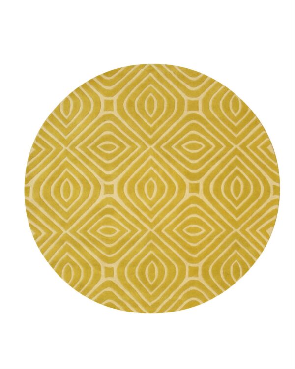 Circular chartreuse rug with an embossed geometric diamond pattern defined by cream lines.