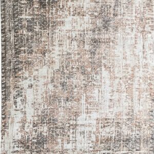 Distressed rug featuring an abstract traditional pattern in cream, dark gray, and reddish-brown colors.