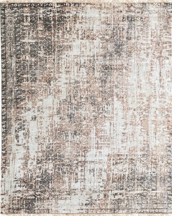 Distressed rug featuring an abstract traditional pattern in cream, dark gray, and reddish-brown colors.